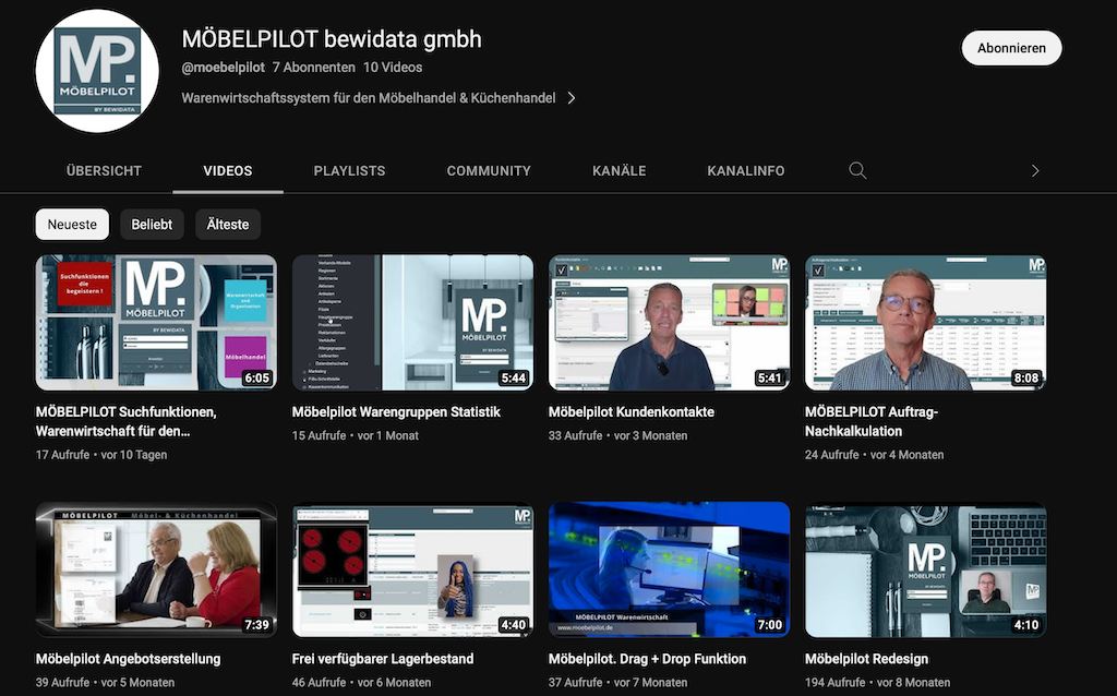 Ansicht des MÖBELPILOT-Kanals bei YouTube